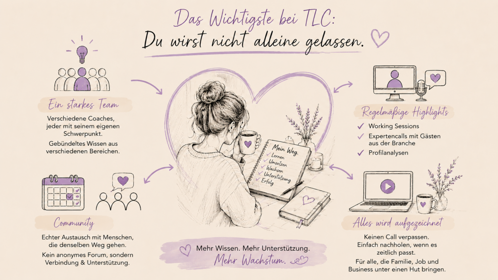 Skizzenhafte Illustration zu meinen Erfahrungen mit dem The Legacy Code (TLC) Mentoring von Isolda Michel mit Coaches, Expertencalls, Working Sessions, Community und aufgezeichneten Inhalten für mehr Flexibilität im Alltag.