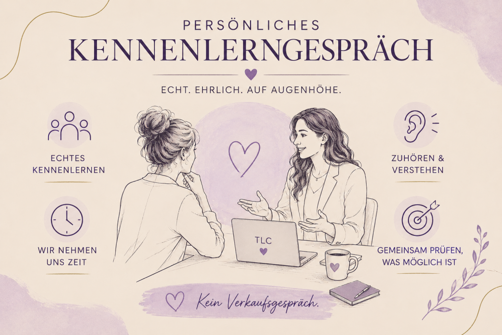 Skizzenhafte Illustration zu einem persönlichen Kennenlerngespräch im The Legacy Code (TLC) Mentoring von Isolda Michel mit Fokus auf Zuhören, individuelle Unterstützung und eine gemeinsame Prüfung der Möglichkeiten ohne klassisches Verkaufsgespräch.