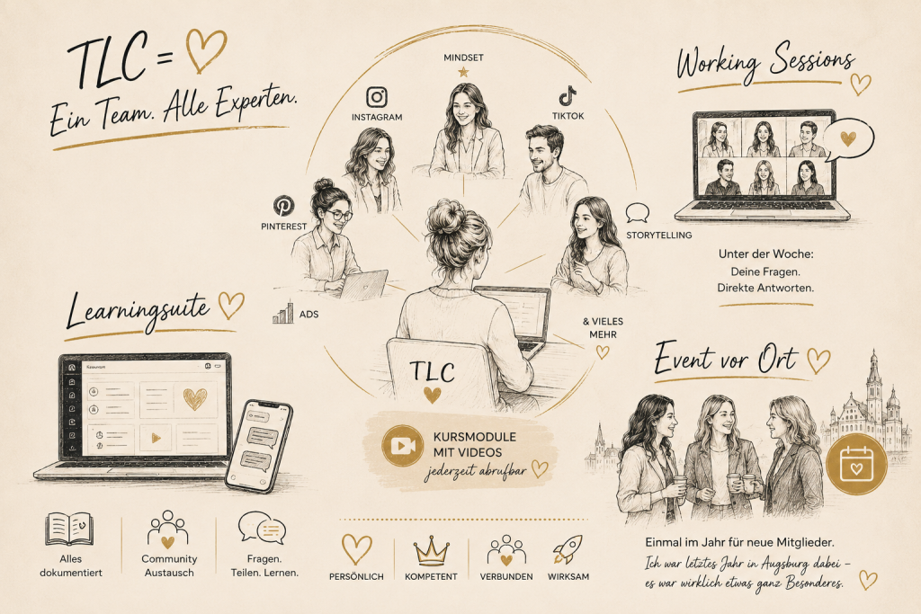Skizzenhafte Illustration zum The Legacy Code (TLC) Mentoring von Isolda Michel mit Expertencoaches, Kursmodulen, Working Sessions, Learningsuite, Community-Austausch und einem jährlichen Live-Event für Mitglieder.